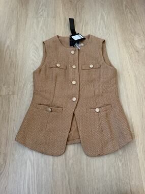 MINA SELF Womens Brown tan Tweed Sleeveless Blazer Small